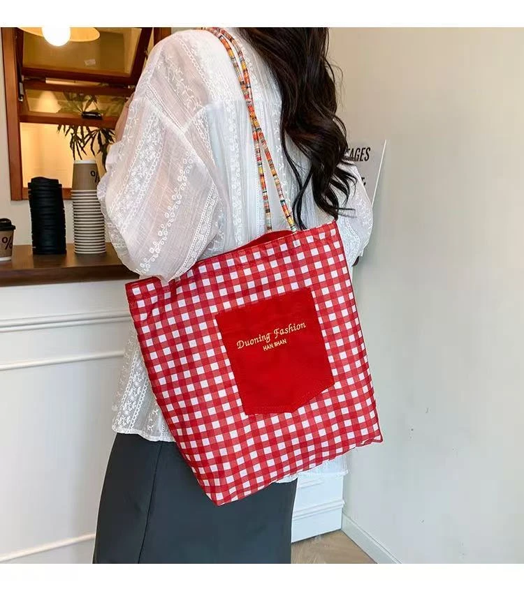 韩版格子双面单肩腋下包时尚潮流大容量手提帆布女包复古托特包包