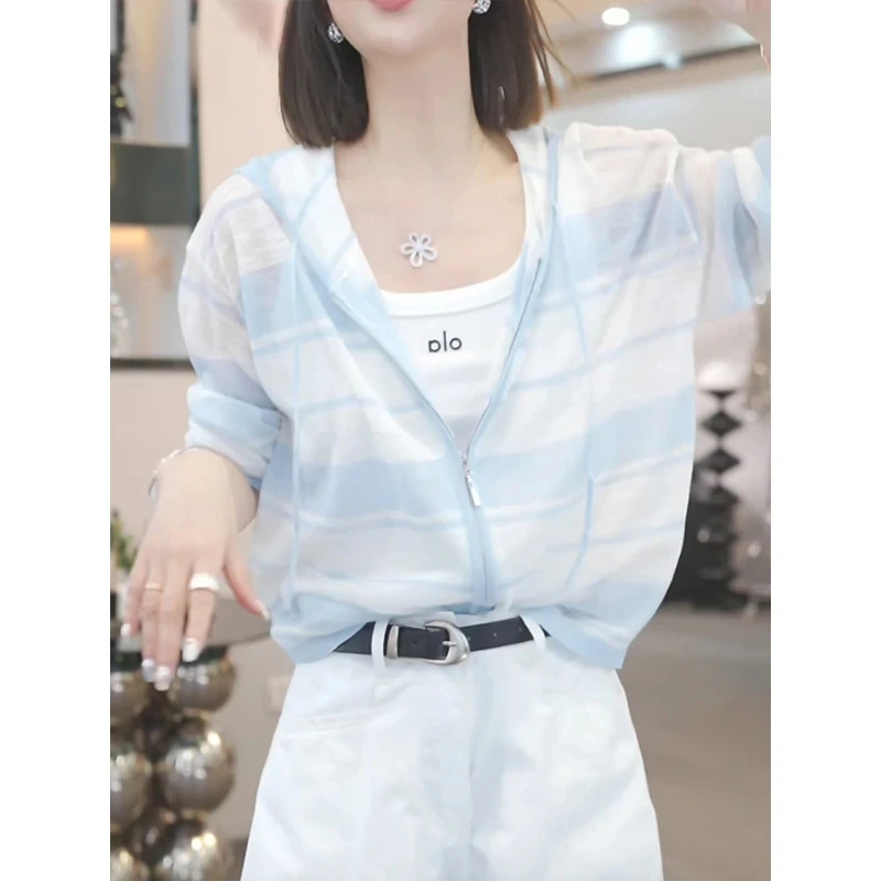 设计感帽衫条纹针织防晒开衫外套女夏季2025新款超好看独特防晒服