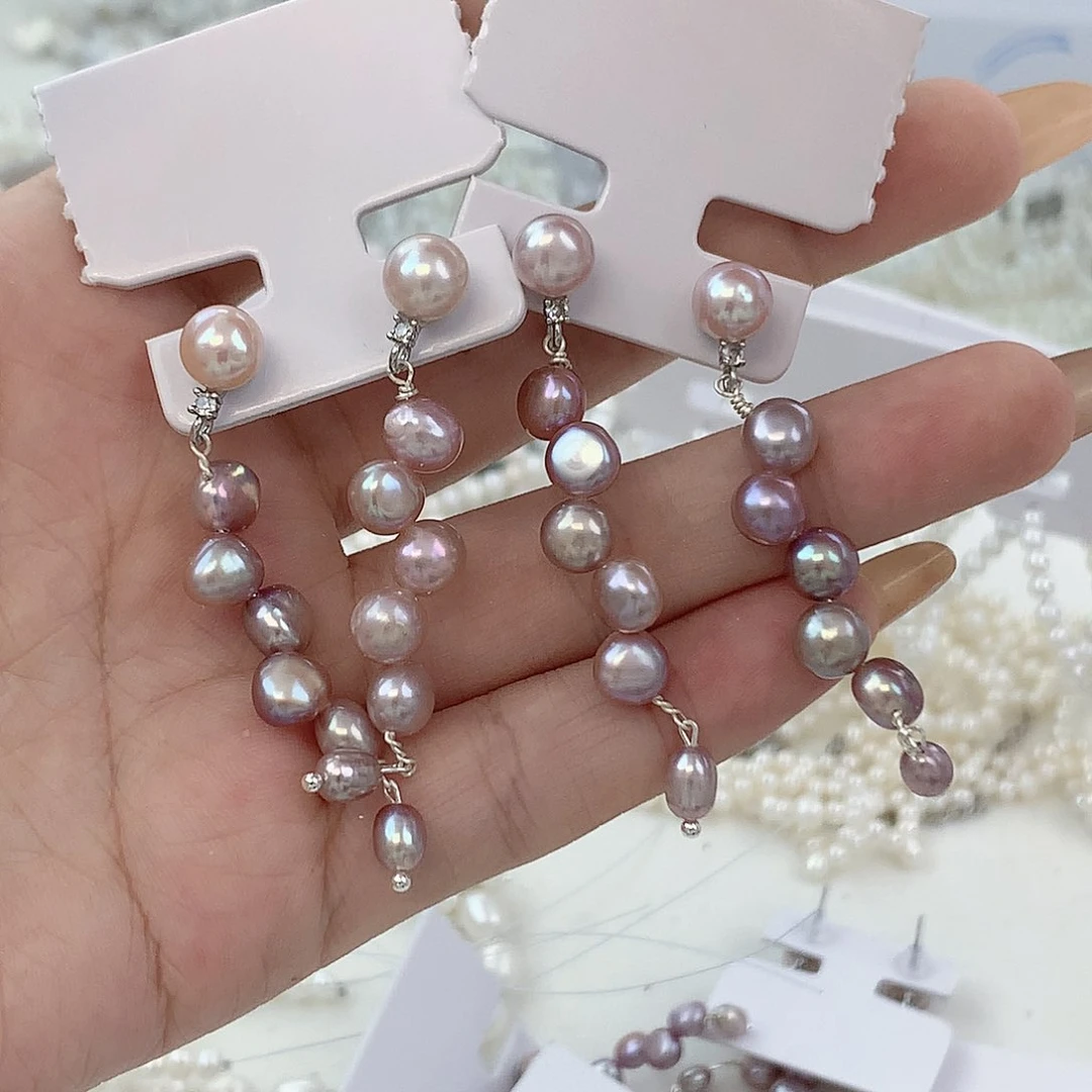 银S925镶嵌耳饰淡水珍珠紫色二八