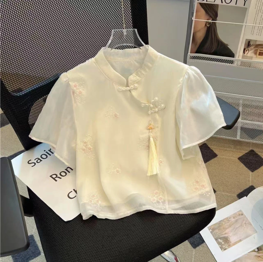 新中式国风刺绣盘扣网纱衬衫女2025夏季新款复古改良旗袍短款小衫