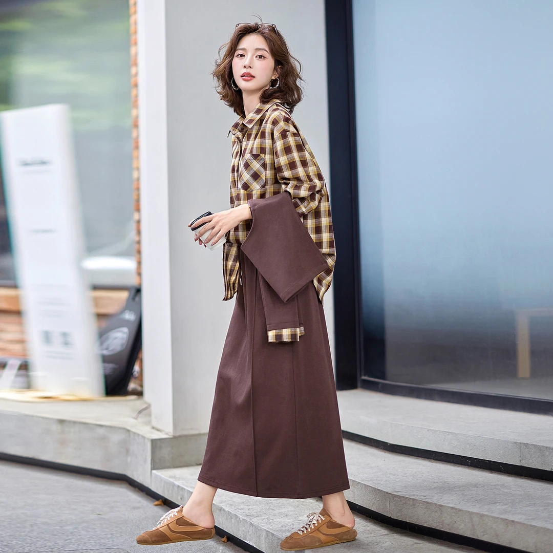 2025秋装新款格纹衬衫套装披肩搭配气质时尚套装老钱风松弛感女装