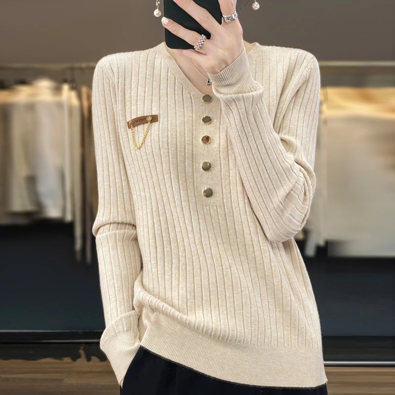 2024新款V领带纽扣针织衫宽松显瘦打底衫打底毛衣套头秋冬百搭H