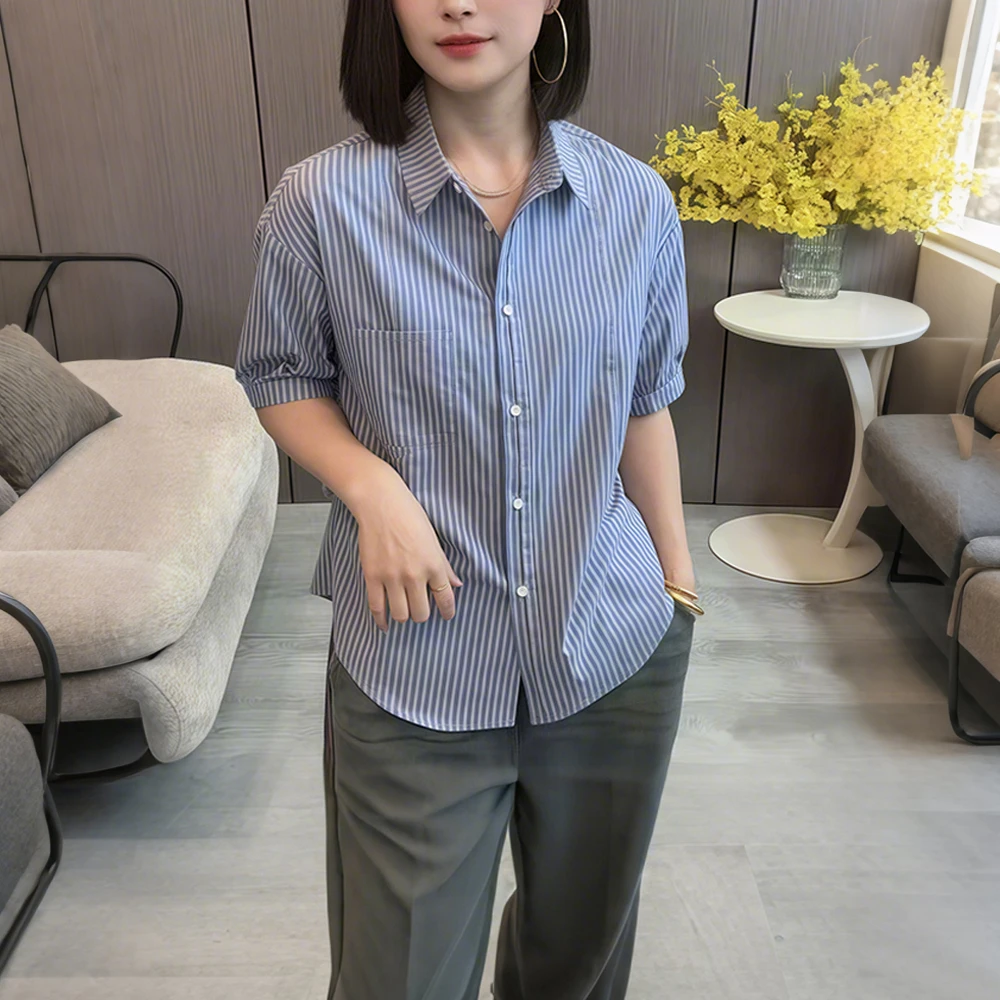 韩版时尚百搭复古夏季薄款宽松Polo领纯棉拼接条纹休闲减龄衬衫女