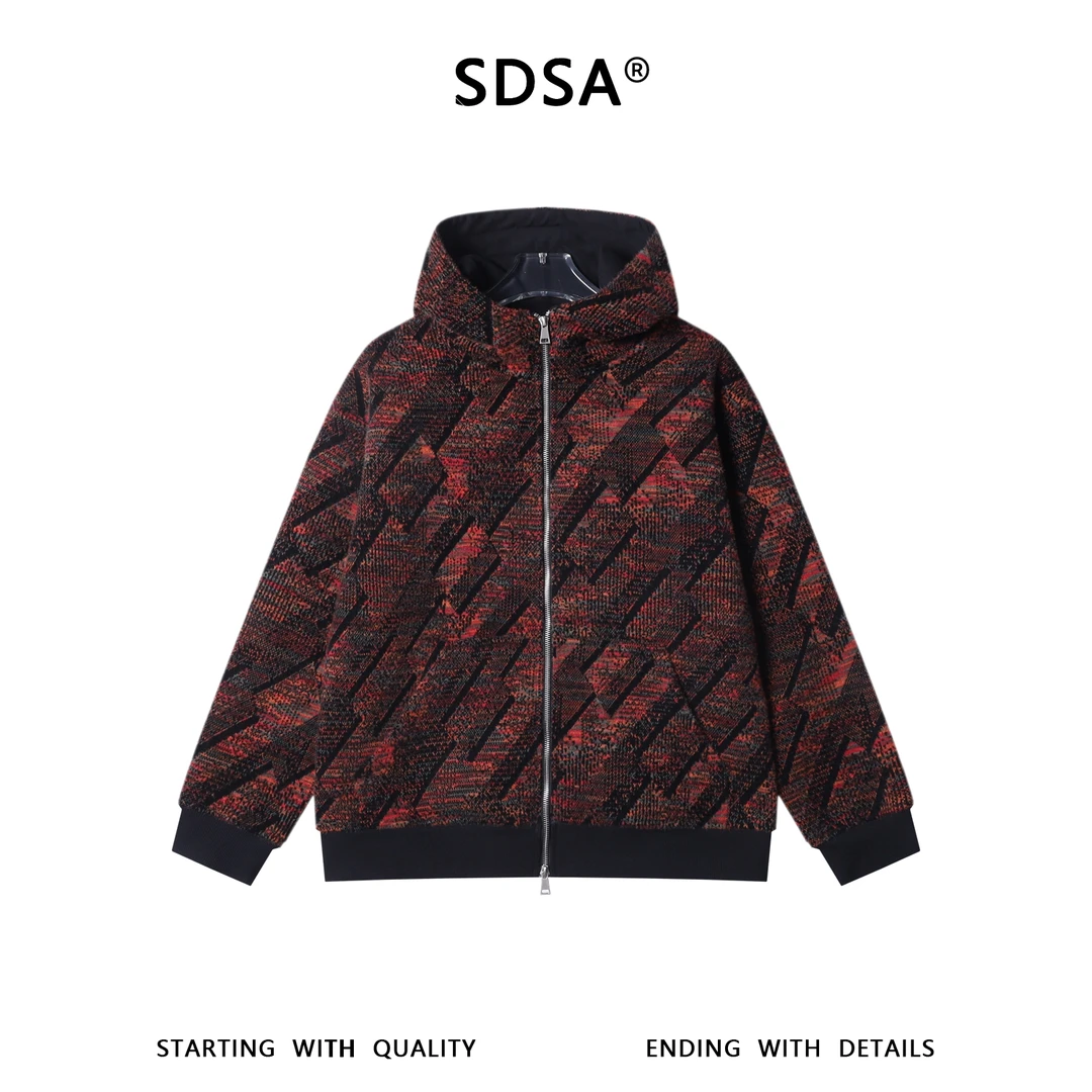 SDSA男士秋冬新款痞帅男装时尚绒毛撞色拉链立领连帽卫衣开衫百搭