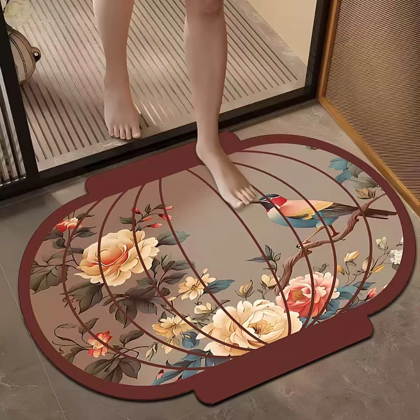 2443 中式花鸟硅藻泥地垫浴室卫生间吸水防滑脚垫玄关入户门垫