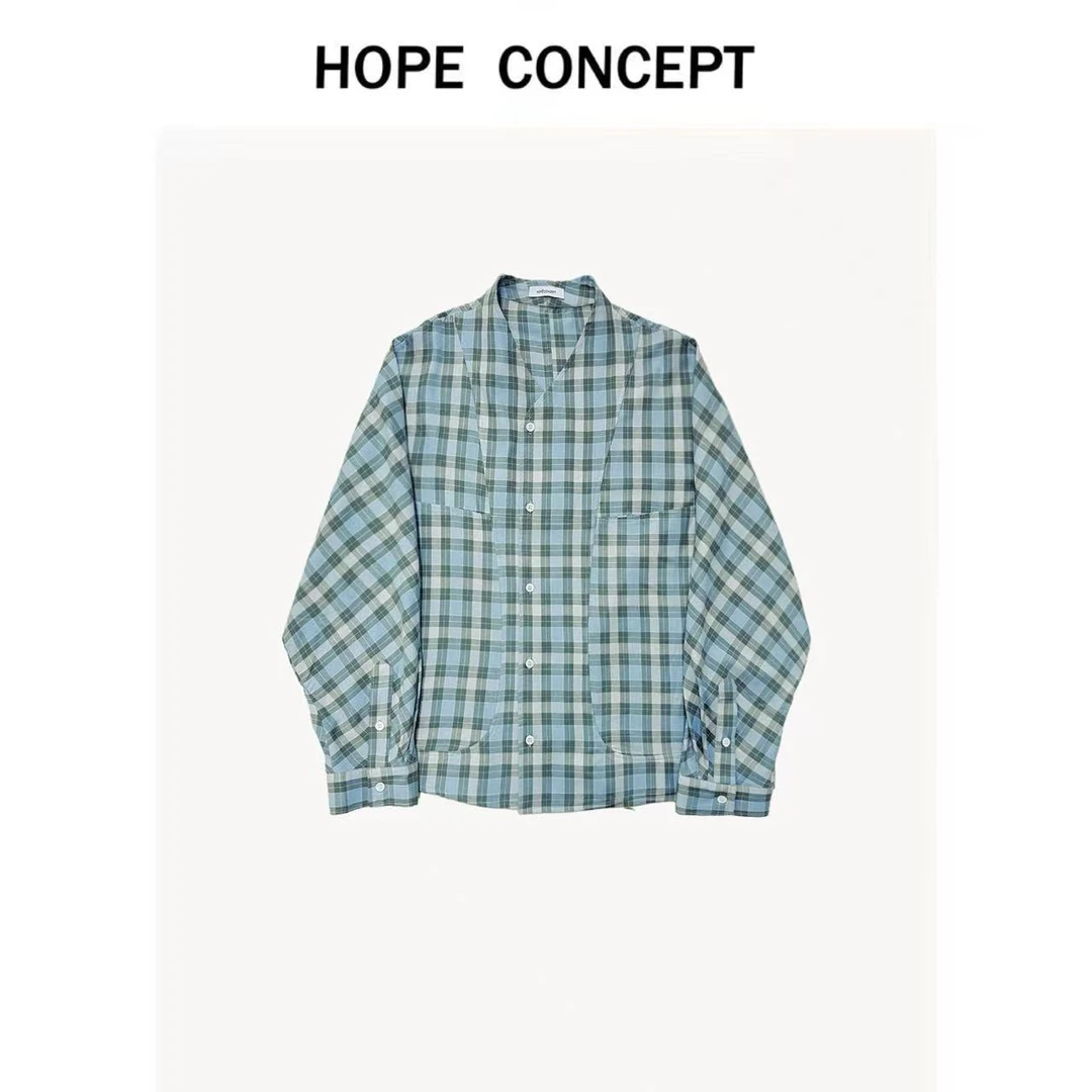 25406HOPECONCEPT视觉感知/渐变格纹小V领经典复古设计款廓形衬衫