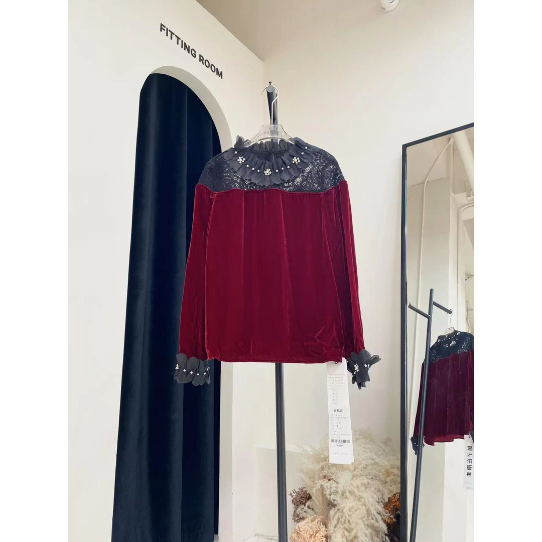 【M。C米尺】木耳边手工钉钻真丝丝绒拼接蕾丝长袖上衣3395327821