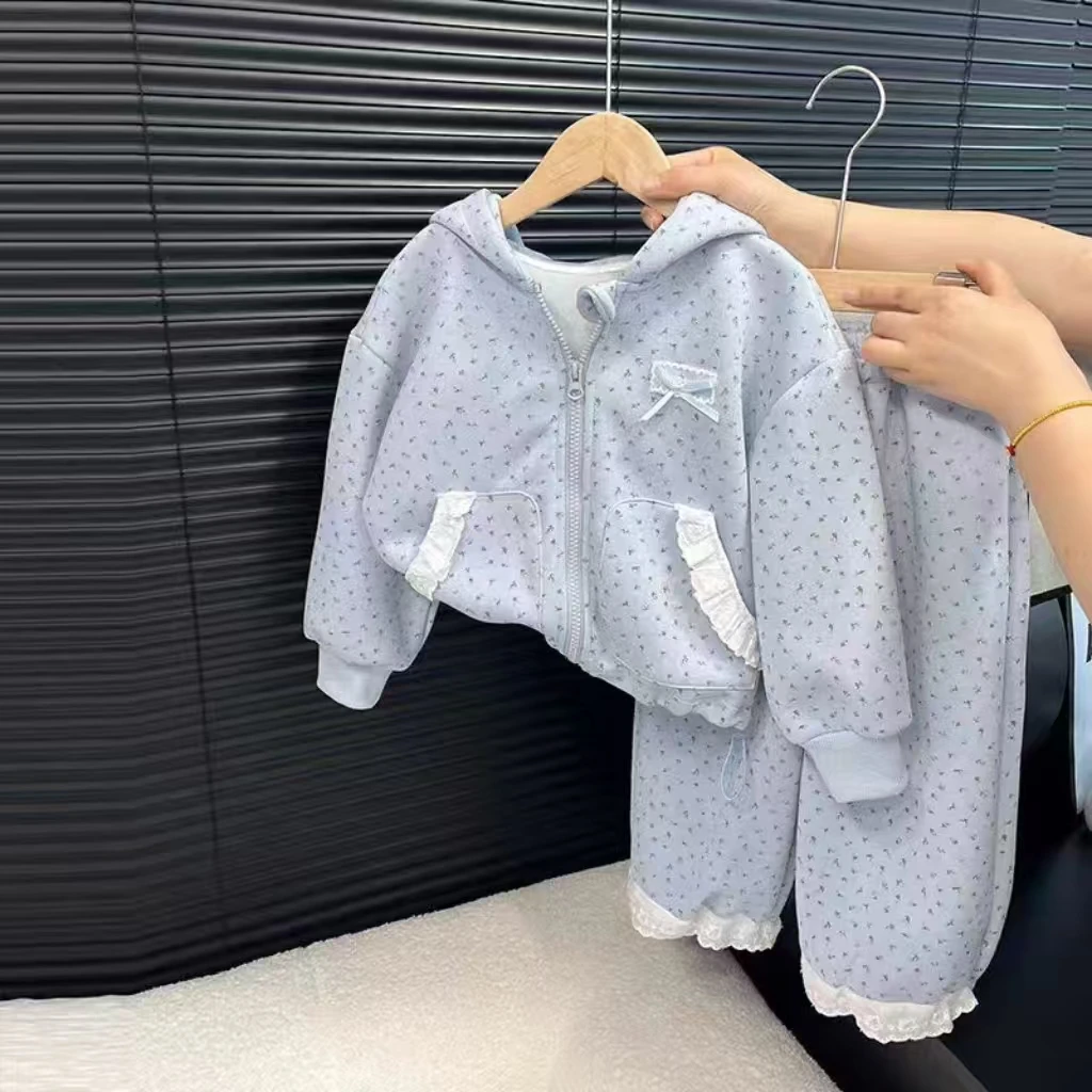 52137女小童春季连帽套装25新款女宝碎花连帽外套休闲两件套