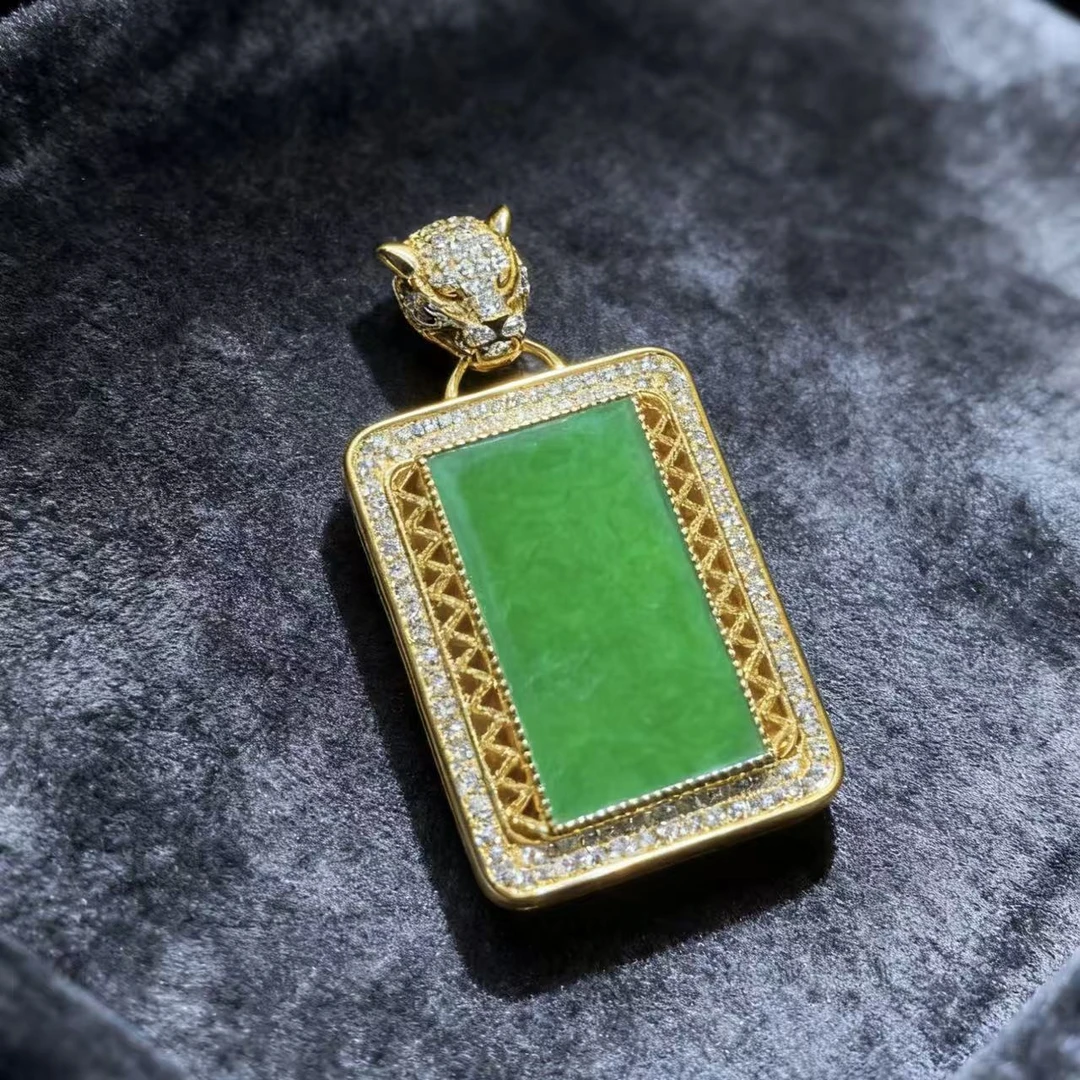 天然缅甸翡翠A货 s925银镶豹子头款式无事牌吊坠