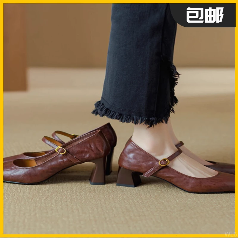 超软皮黑色高跟鞋2025春秋新款法式复古粗跟一字带玛丽珍鞋女单鞋