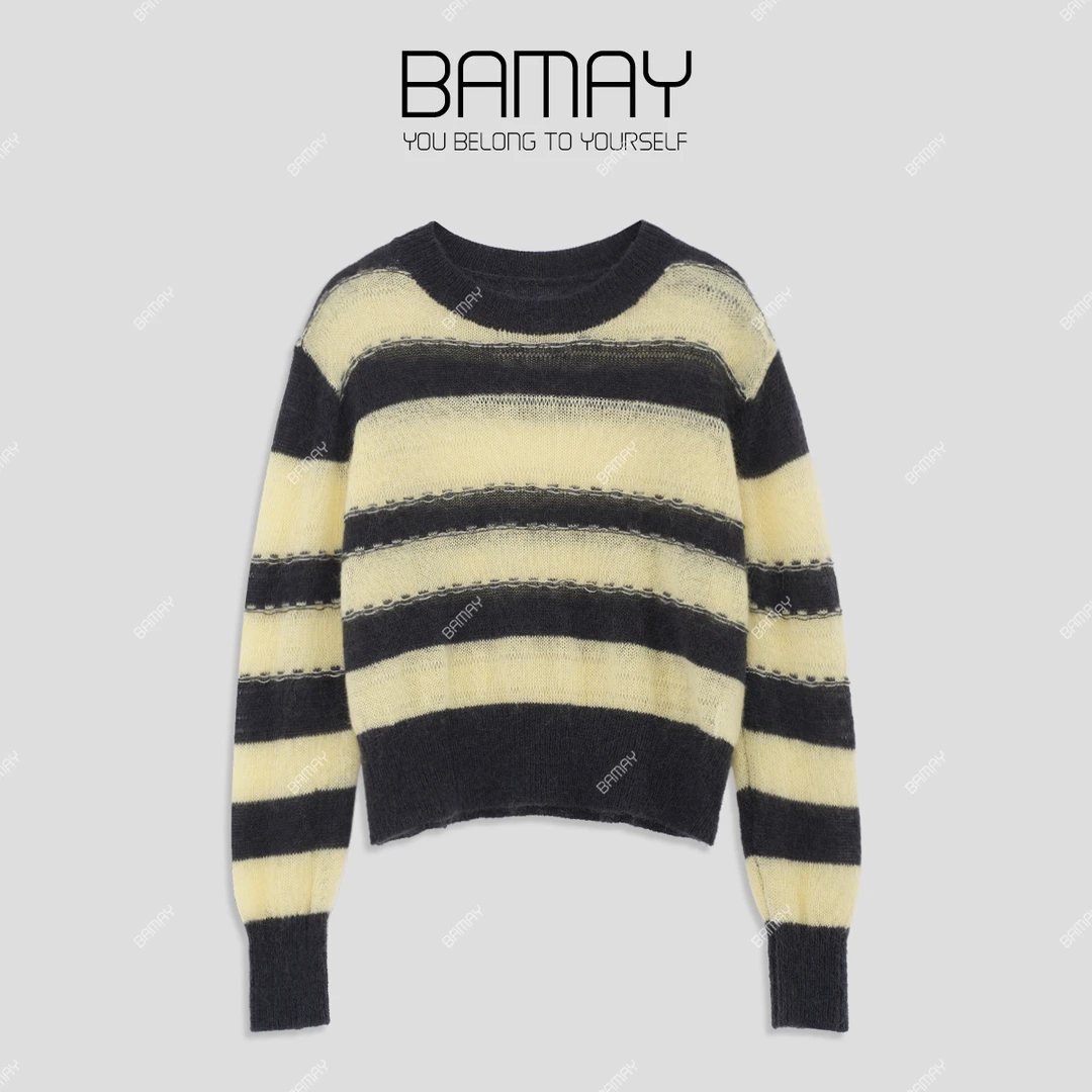 【BAMAY】复古黄黑条纹毛衣圆领套头外穿软糯丝光羊毛BM251MY017CM