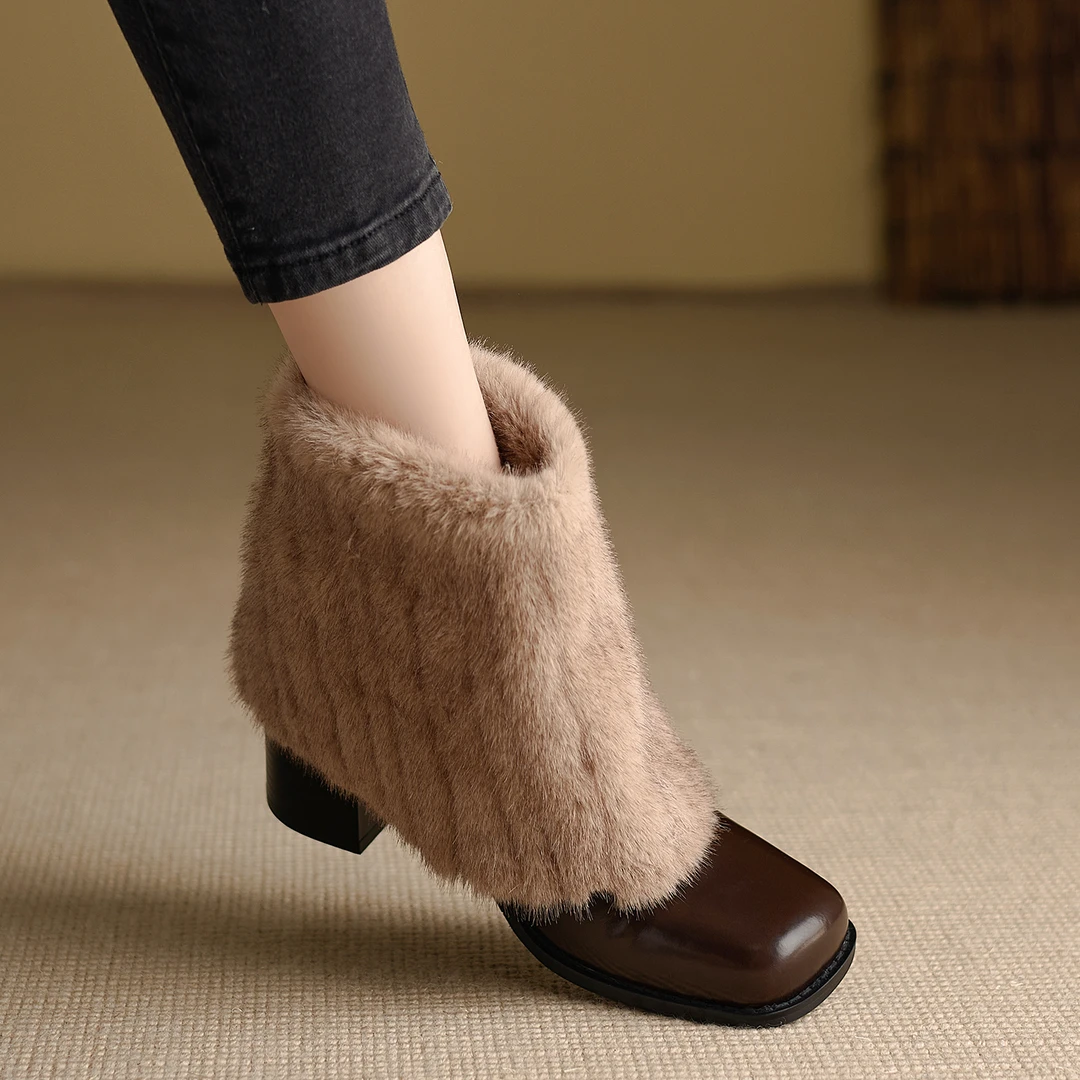 小个子手工女鞋6.5cm~韩系方头保暖短靴女高跟毛毛靴简约百搭靴子