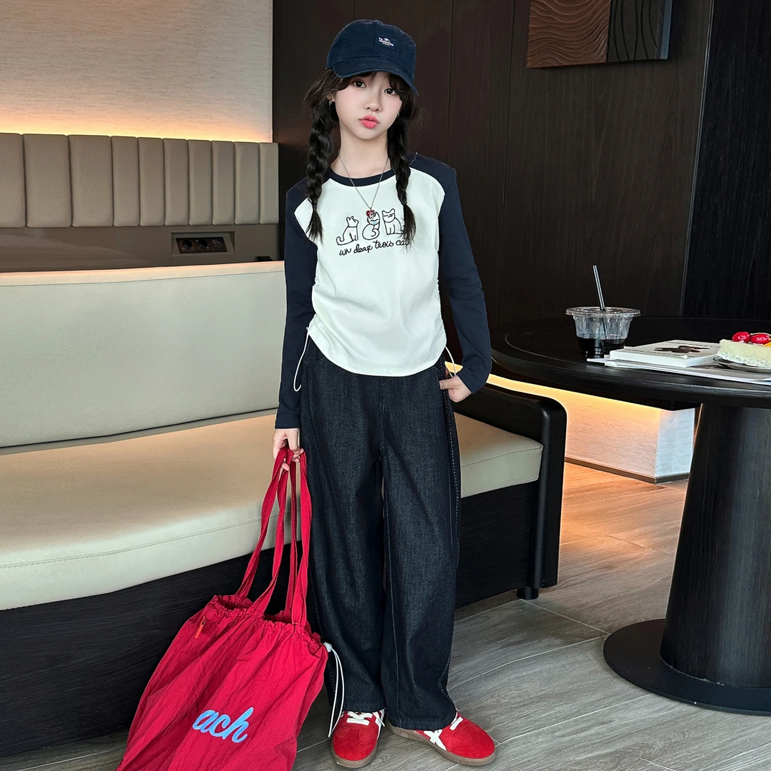 女童时尚长袖t恤春秋新款套装潮流儿童修身打底衫上衣阔腿牛仔裤