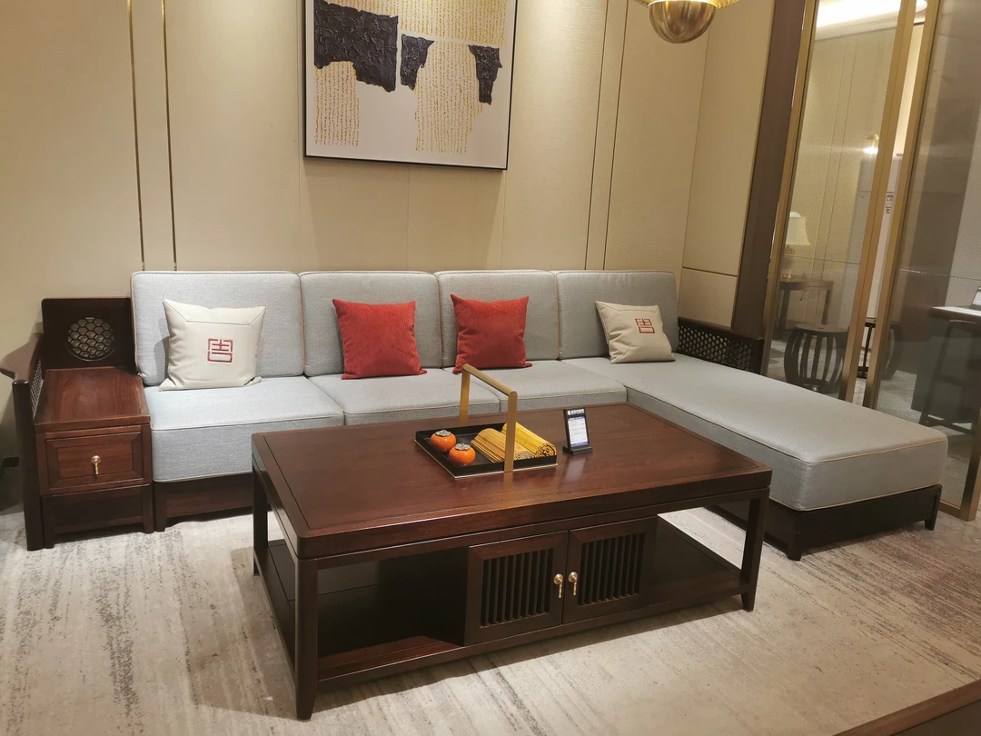 御宝坊家具黑檀新中式6111布艺转角沙发