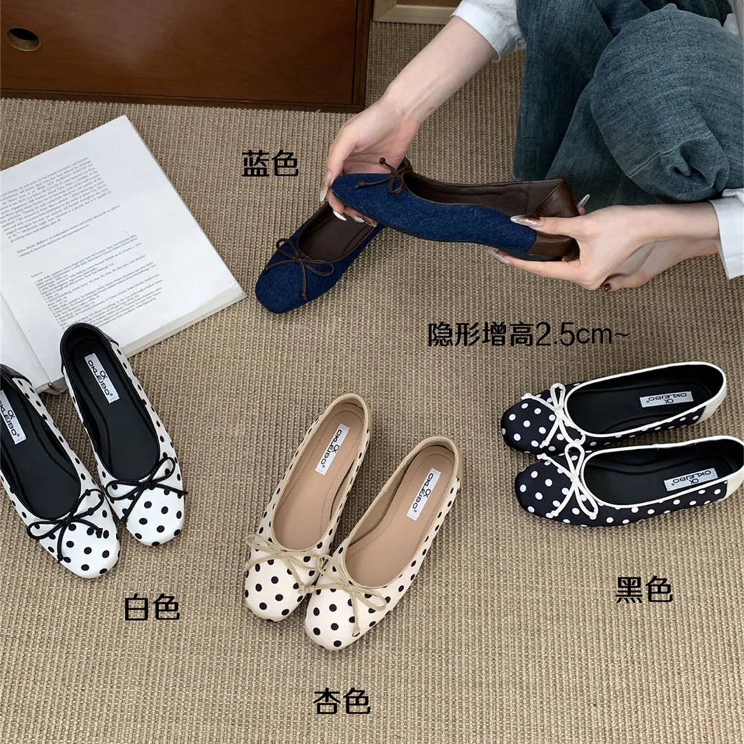 圆圆家 B905法式温柔缎面圆点蝴蝶结新款浅口内增高仙女风奶奶鞋