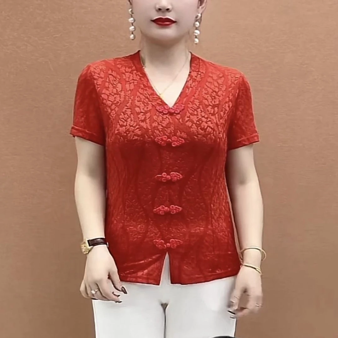 2025夏季新款时尚V领国风气质高贵短袖小衫