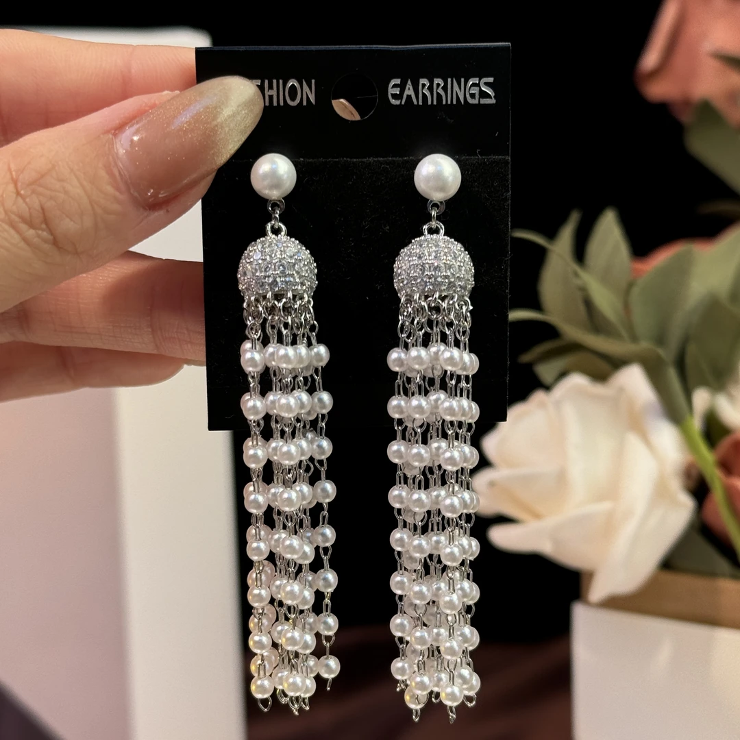 铜合金耳饰 执爱】手工气质轻奢时尚长款珠珠耳坠优雅耳环小众耳钉