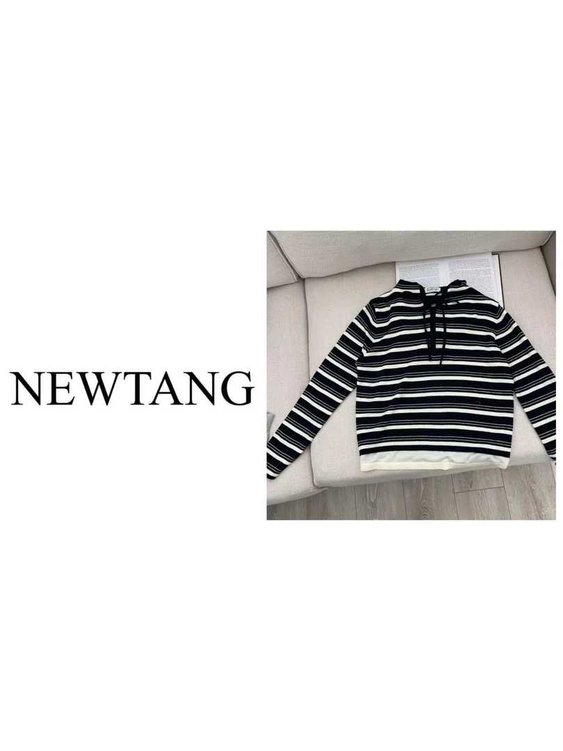 【藏蓝条帽衫】233长袖宽松条纹百搭连帽针织上衣