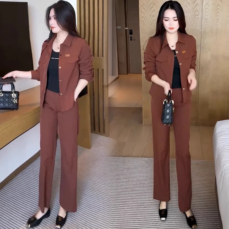 时尚套装女2025秋季新款洋气显瘦翻领外套阔腿裤减龄百搭两件套