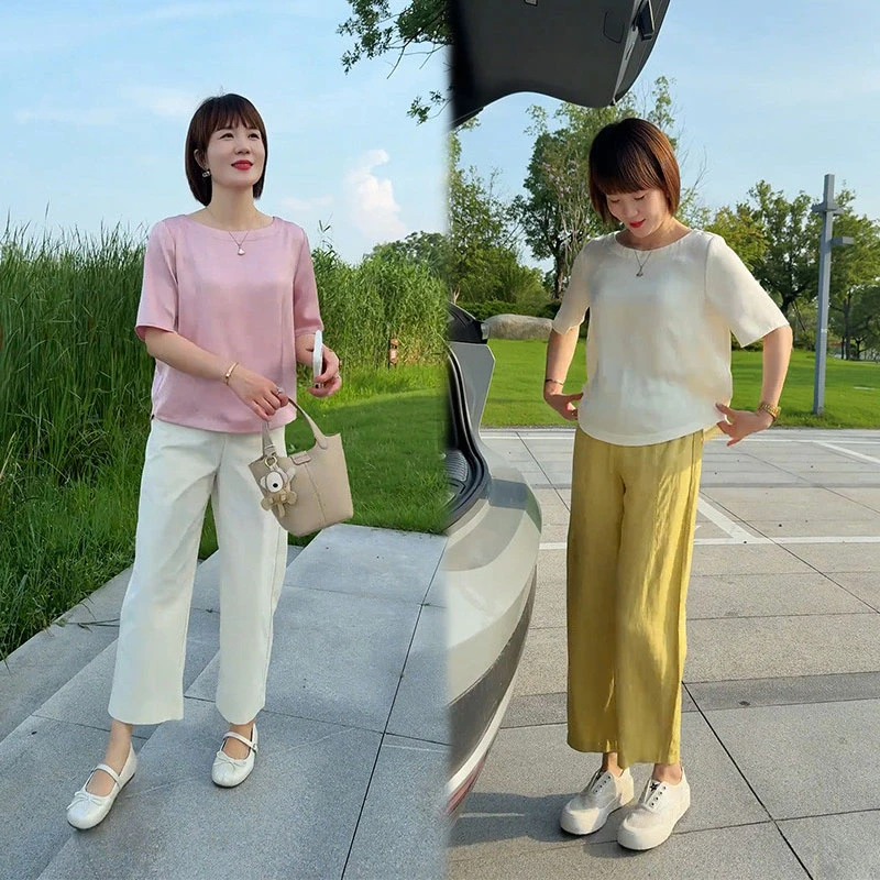 2025夏季时尚高级感百搭宽松显瘦圆领短袖上衣休闲九分裤两件套女