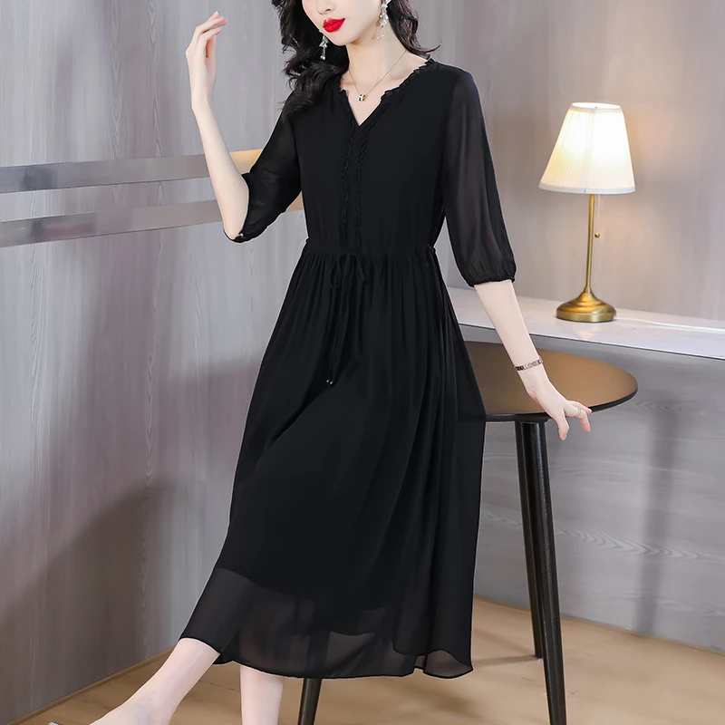 【桑蚕丝】高端大牌黑色连衣裙夏季真丝妈妈气质优雅V领中袖裙子女