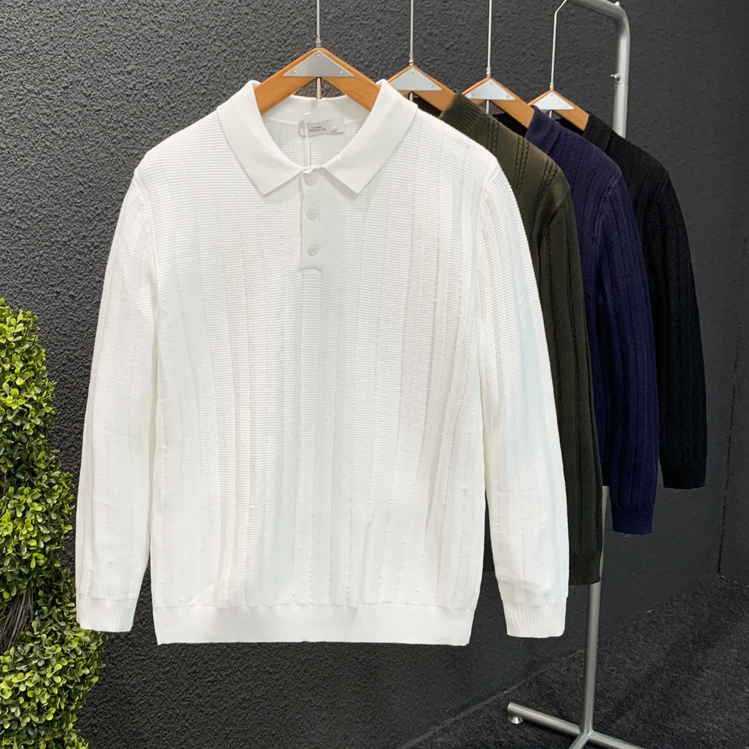 秋季男士简约百搭长袖老钱风男款针织翻领休闲毛衣polo针织衫坑条