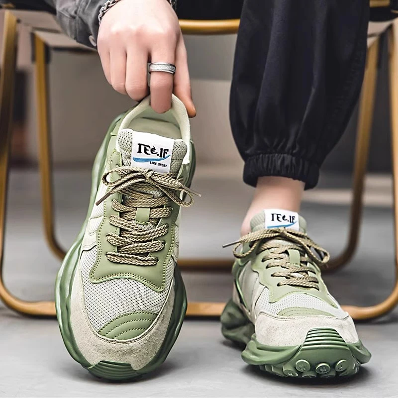 男鞋春季透气2025新款青少年运动跑步休闲网面轮胎底增高老爹潮鞋