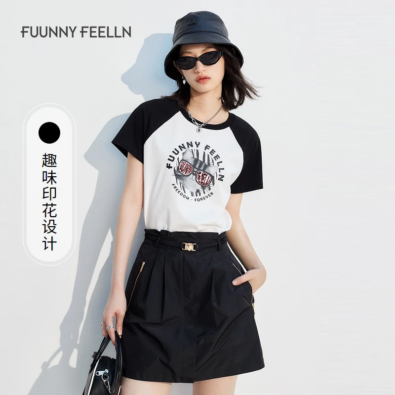 FF仿佛夏季新款短袖T恤女宽松撞色印花圆领设计感FM00993
