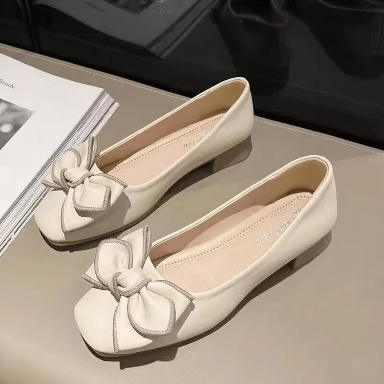 高品质牛筋软底单鞋女粗跟新款百搭一脚蹬浅口瓢鞋蝴蝶结平底单鞋