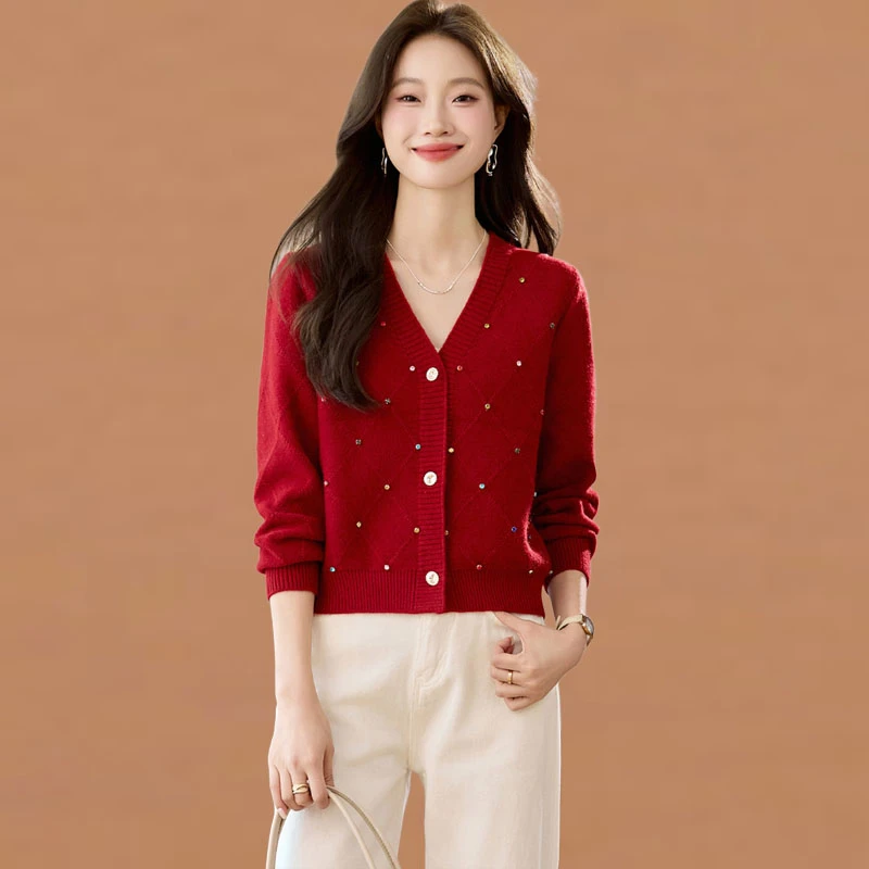 镶钻V领针织开衫女短款春秋2025新款小个子高腰减龄毛衣外套披肩