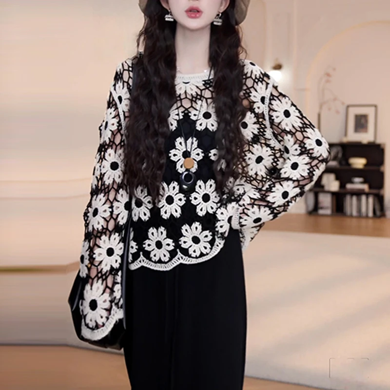 高级感重工钩花镂空长袖针织衫女2025春秋新款叠穿罩衫打底衫上衣