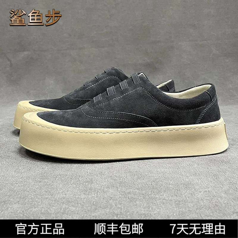 鲨鱼步真皮板鞋男春季厚底潮鞋复古百搭软底休闲鞋个性潮流一脚蹬