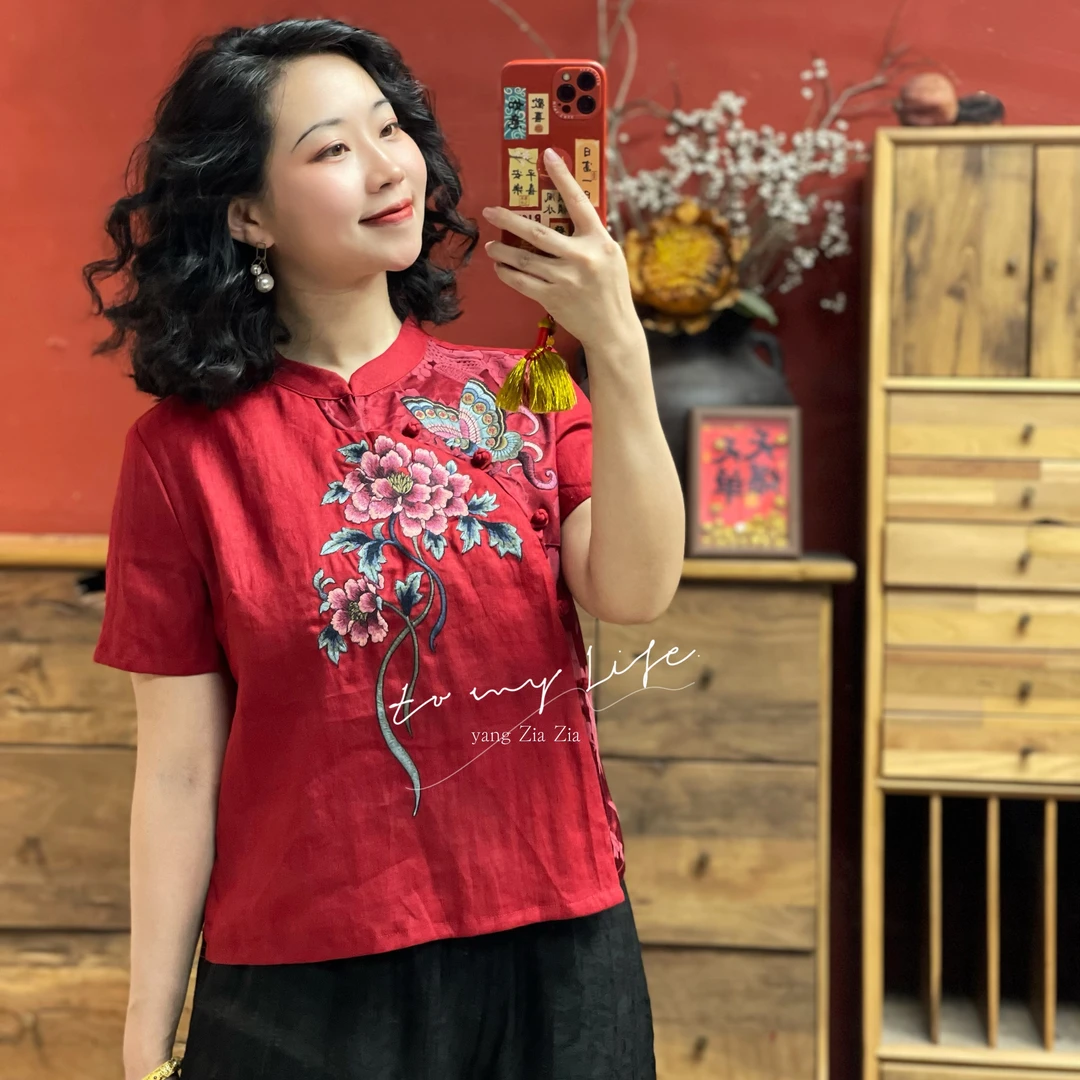 羊在在原创拼接民族风女短袖夏季蝴蝶刺绣国风复古上衣SY25YX0058