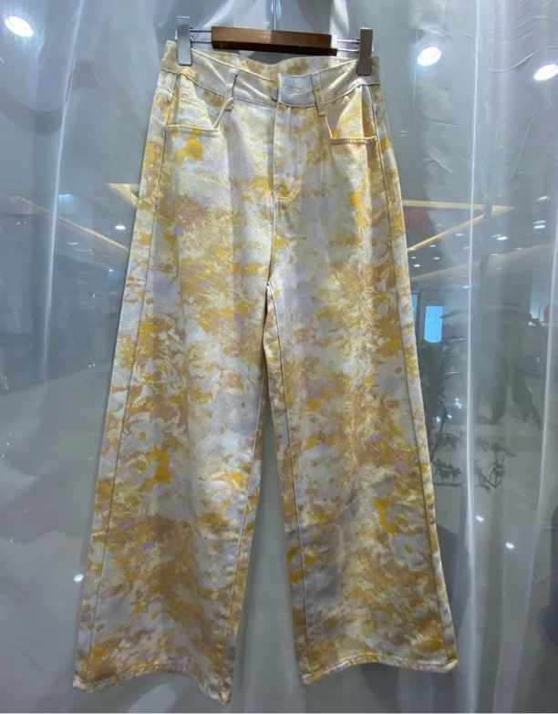 6702欧货水洗裤子高腰扎染时尚牛仔裤长裤直筒宽松休闲风