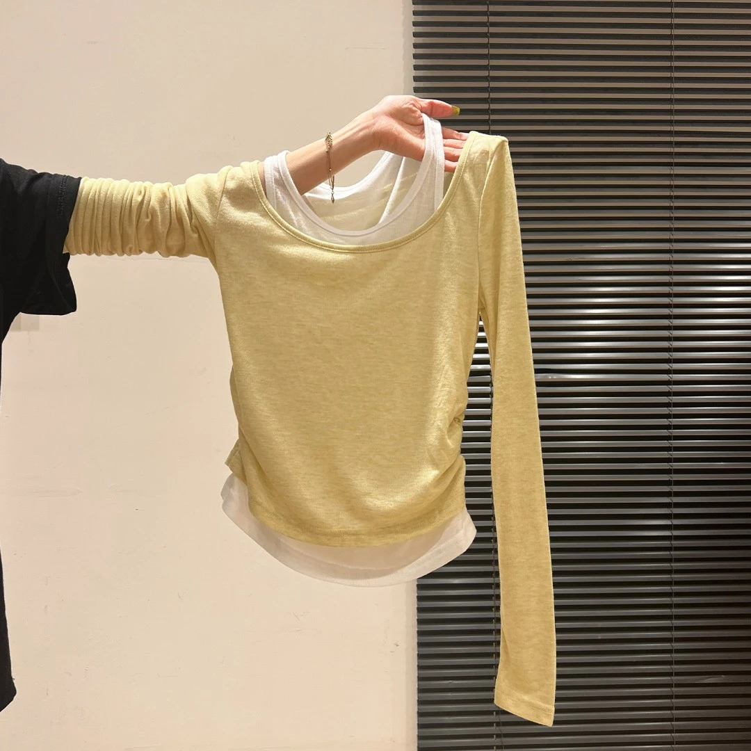 小婉薇撞色拼接下摆褶皱长袖内搭2026初秋新款假两件打底衫上衣女