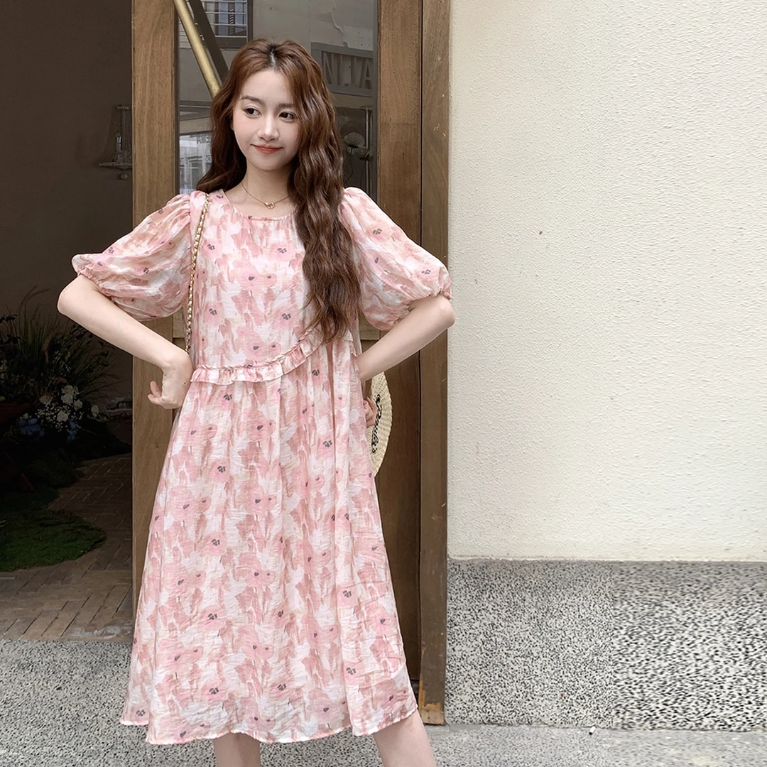 泡泡袖木耳边碎花连衣裙女夏2025新款独特漂亮今年流行小个子裙子