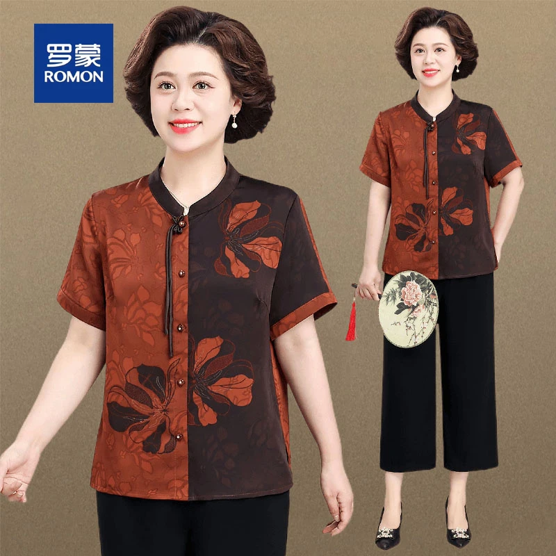 罗蒙中年妈妈夏季套装洋气小衫新款夏装中老年女装中式短袖雪纺衫