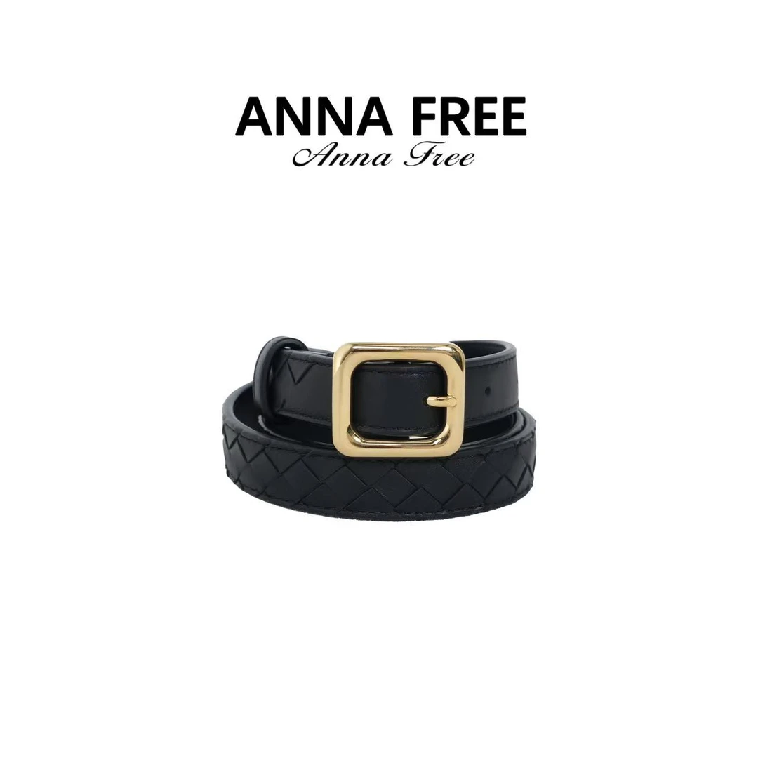 ANNA FREE 经典菱形格纹黑色皮带女复古高级感金色金属扣头Z8662