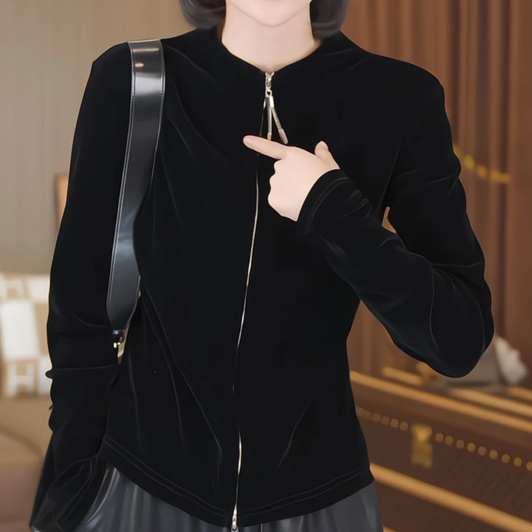 春秋漂亮黑色双拉链立领丝绒外套女款2025新款小个子短款长袖上衣