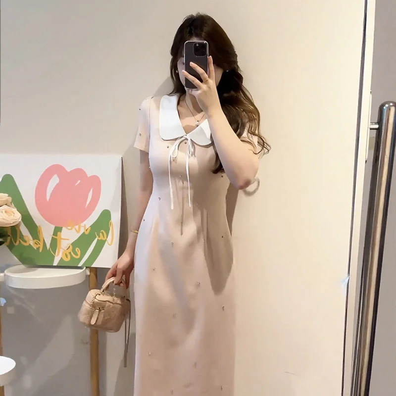 【8702A】法式温柔气质粉色连衣裙女夏季收腰显瘦千金重工嵌钻裙子