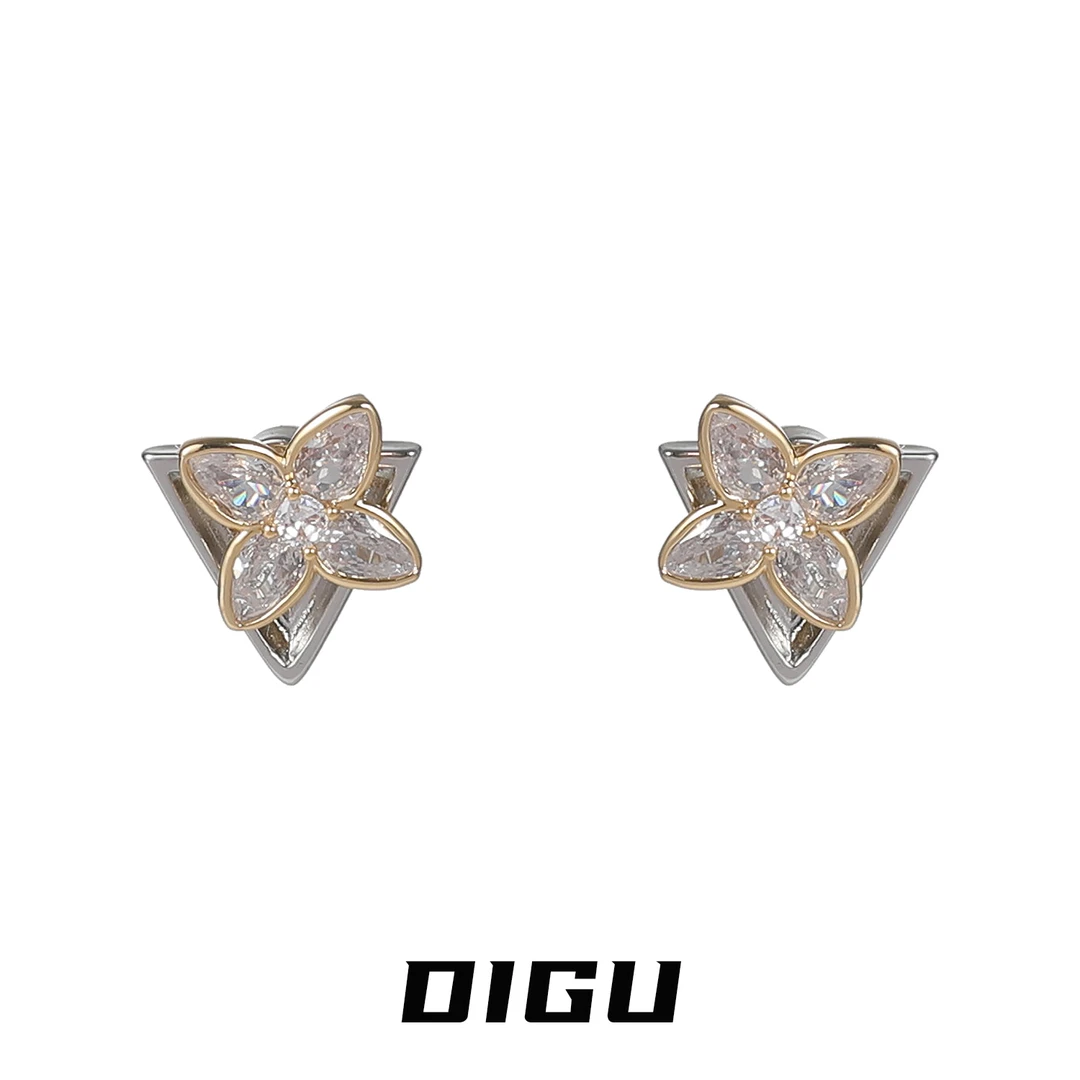 嘀咕家 铜合金合成锆石耳饰 前后式四叶草花朵耳环三角形耳钉耳饰