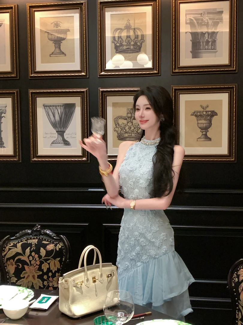【雅乔定制】幻彩海洋 钉珠立体绣花网纱拼接连衣裙DYYY-24115669