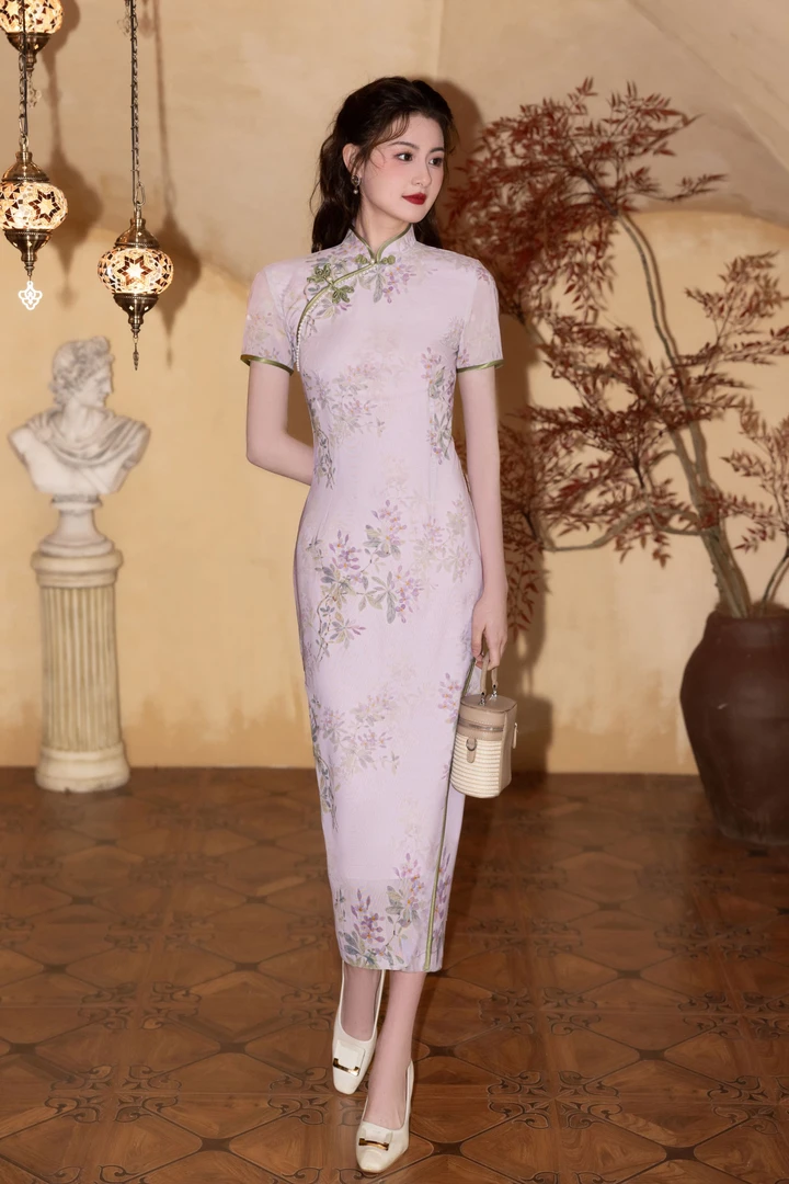 粉色显瘦中长款包臀裙日常低领复古双层中式春夏少女时尚旗袍