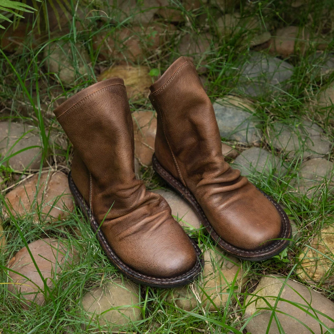 汇族美 复古真皮倒靴女头层牛皮短靴橡胶平底小众高级感单靴