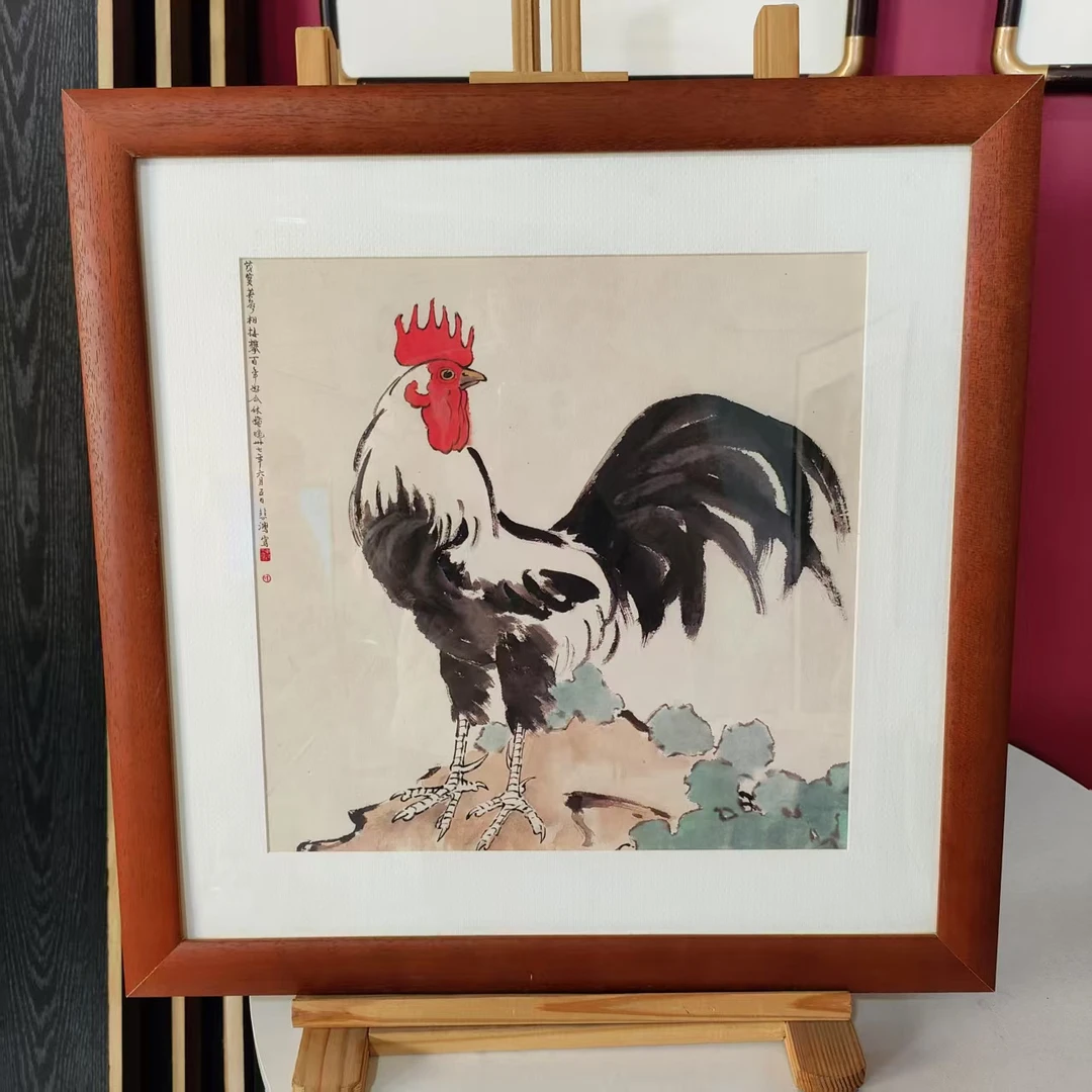 【172】40*40公鸡图花梨色纯实木框茶室书房家居装饰挂墙画胡桃色