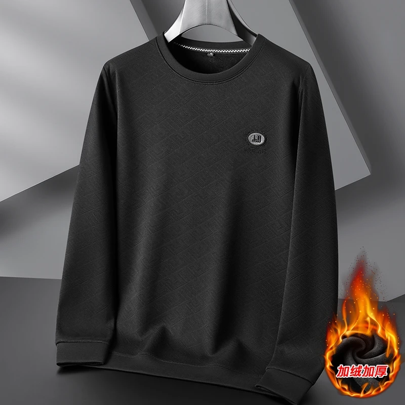 大码圆领卫衣男宽松长袖T恤秋冬季加绒潮胖子男装加肥加大打底衫