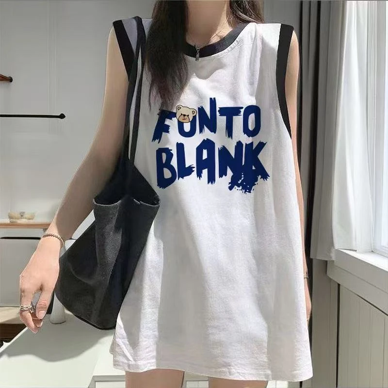 100%纯棉慵懒风oversize夏季玫红色显白显瘦小个子背心无袖t恤女