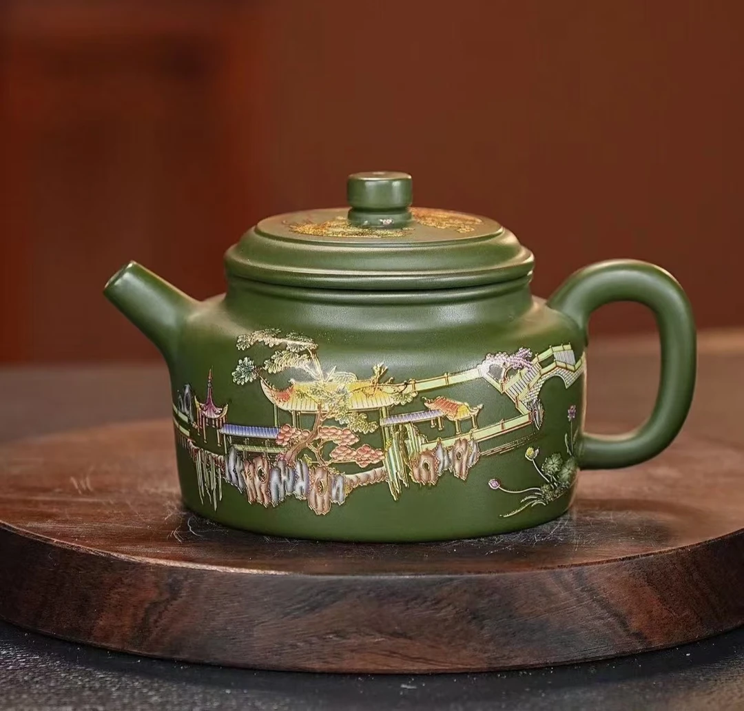 107宜兴原矿紫砂绿泥全手工珐琅彩手工山水德钟紫砂壶家用泡茶壶