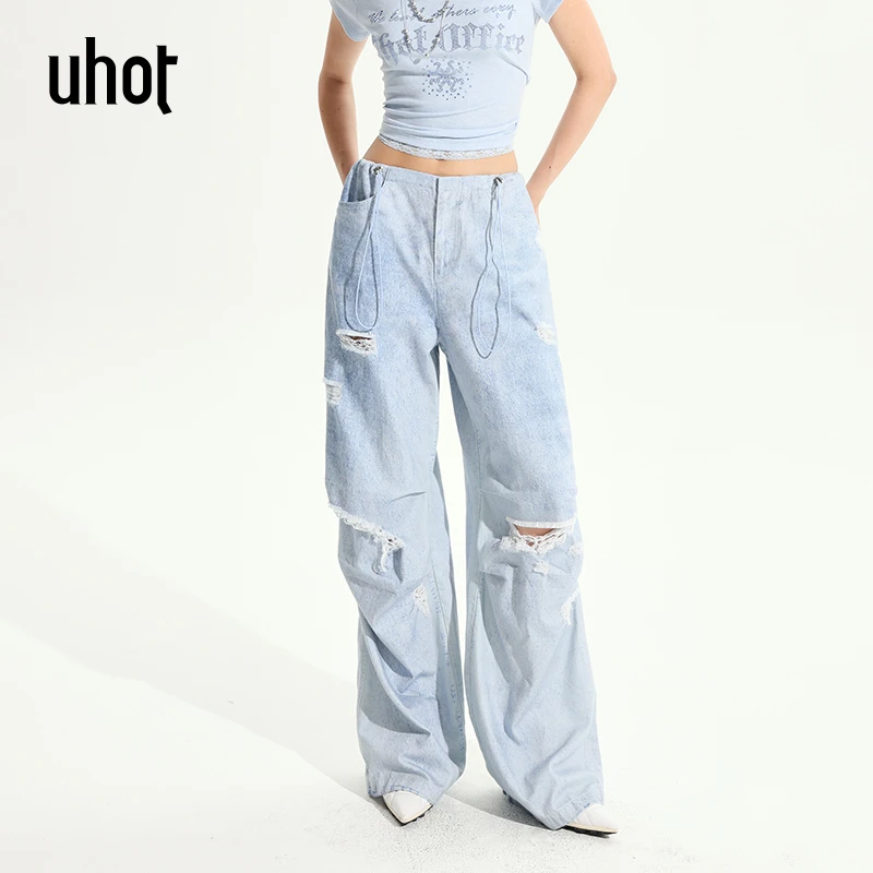 UHOT 蓝色捏褶破洞设计感复古时尚美式牛仔长裤休闲百搭UWWR1K354