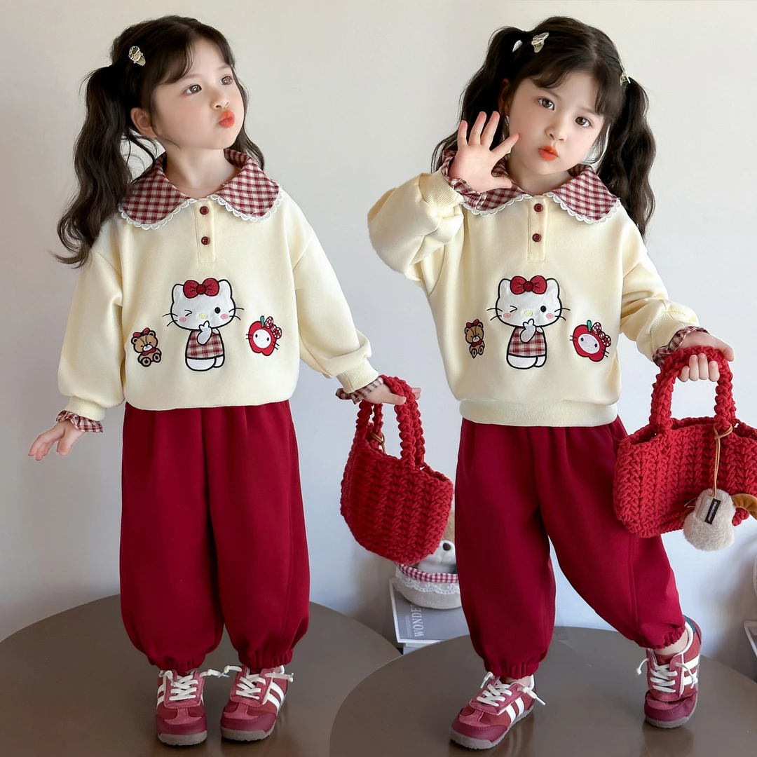 女宝宝格纹领套装春秋款2025新款女童洋气秋装儿童卡通休闲两件套